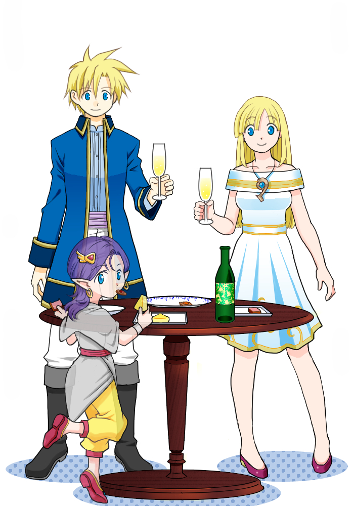 1boy 2girls alcohol alternate_costume bare_shoulders bella_(dq5) black_footwear blonde_hair blue_coat blue_eyes boots champagne champagne_bottle champagne_flute coat collarbone commentary_request cup dragon_quest dragon_quest_v dress drinking_glass earrings eating eyebrows_visible_through_hair food grey_capelet grey_shirt hair_between_eyes hero's_daughter_(dq5) hero's_son_(dq5) holding holding_cup holding_food hoop_earrings jewelry leg_up long_hair looking_at_viewer medium_hair multiple_girls off-shoulder_dress off_shoulder older pants piyori_(miko0126) plate pointy_ears purple_footwear purple_hair shirt short_dress simple_background smile spiky_hair table translucent white_background white_dress white_pants yellow_pants
