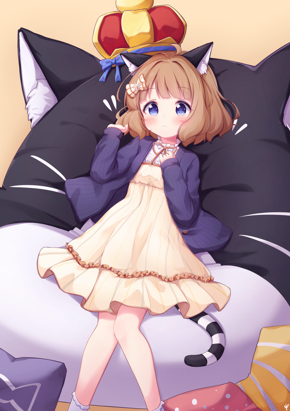 1girl animal_ear_fluff animal_ears bangs blue_bow blue_eyes blue_jacket blush bow brown_background brown_dress brown_hair cat_ears cat_girl cat_pillow cat_tail closed_mouth crown diagonal_stripes dress eyebrows_visible_through_hair feet_out_of_frame flower frilled_dress frills hair_bow hands_up highres idolmaster idolmaster_million_live! idolmaster_million_live!_theater_days jacket kemonomimi_mode long_sleeves lying on_back open_clothes open_jacket signature sleeves_past_wrists socks solo striped striped_tail suou_momoko tail tokenbox white_bow white_flower white_legwear