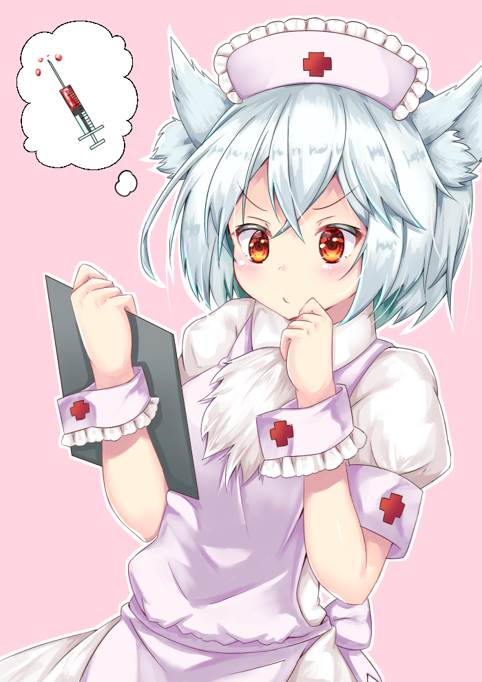 1girl animal_ears blush breasts clipboard commentary commentary_request hat inubashiri_momiji leaning_on_object looking_down medium_breasts nurse nurse_cap pink_background pom_pom_(clothes) red_cross red_eyes rururiaru shirt short_hair silver_hair simple_background solo speech_bubble syringe touhou turtleneck white_shirt wolf_ears