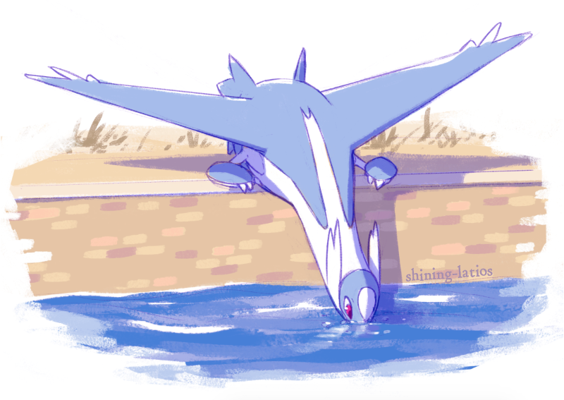 commentary creature drinking english_commentary full_body galahawk gen_3_pokemon latios legendary_pokemon no_humans photo-referenced pokemon pokemon_(creature) tumblr_username violet_eyes water