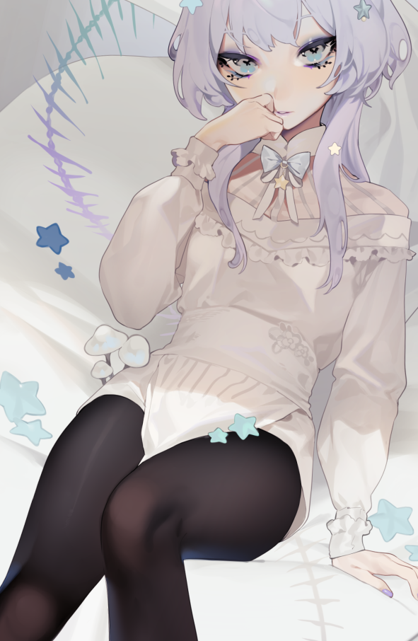 1other androgynous blouse blue_eyes blue_neckwear bow bowtie bright_pupils copyright_request hair_ornament hand_to_own_mouth hand_up long_hair long_sleeves looking_at_viewer ohisashiburi pantyhose parted_lips purple_hair purple_nails reclining sitting smile solo star star-shaped_pupils star_hair_ornament symbol-shaped_pupils