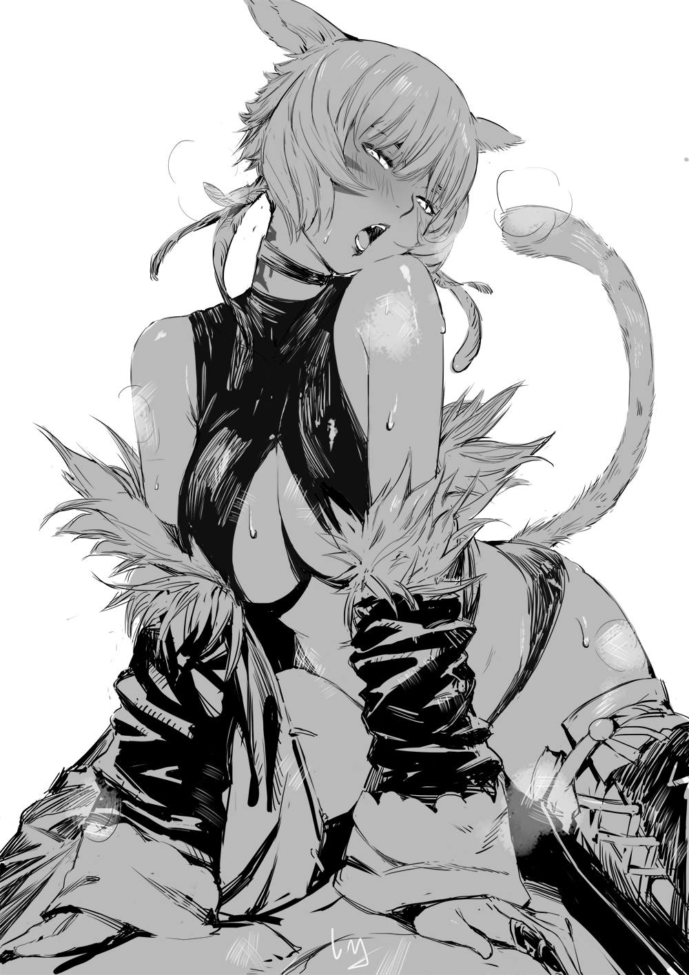 1boy 1girl animal_ears bare_shoulders blush breasts cat_ears cat_tail choker detached_sleeves ears_down fangs final_fantasy final_fantasy_xiv greyscale head_tilt highres large_breasts looking_at_viewer miqo'te monochrome nanaya_(daaijianglin) neck_tattoo open_mouth panties short_hair signature simple_background solo_focus sweat sweating_profusely tail tattoo thigh-highs underwear white_background wide_sleeves y'shtola_rhul