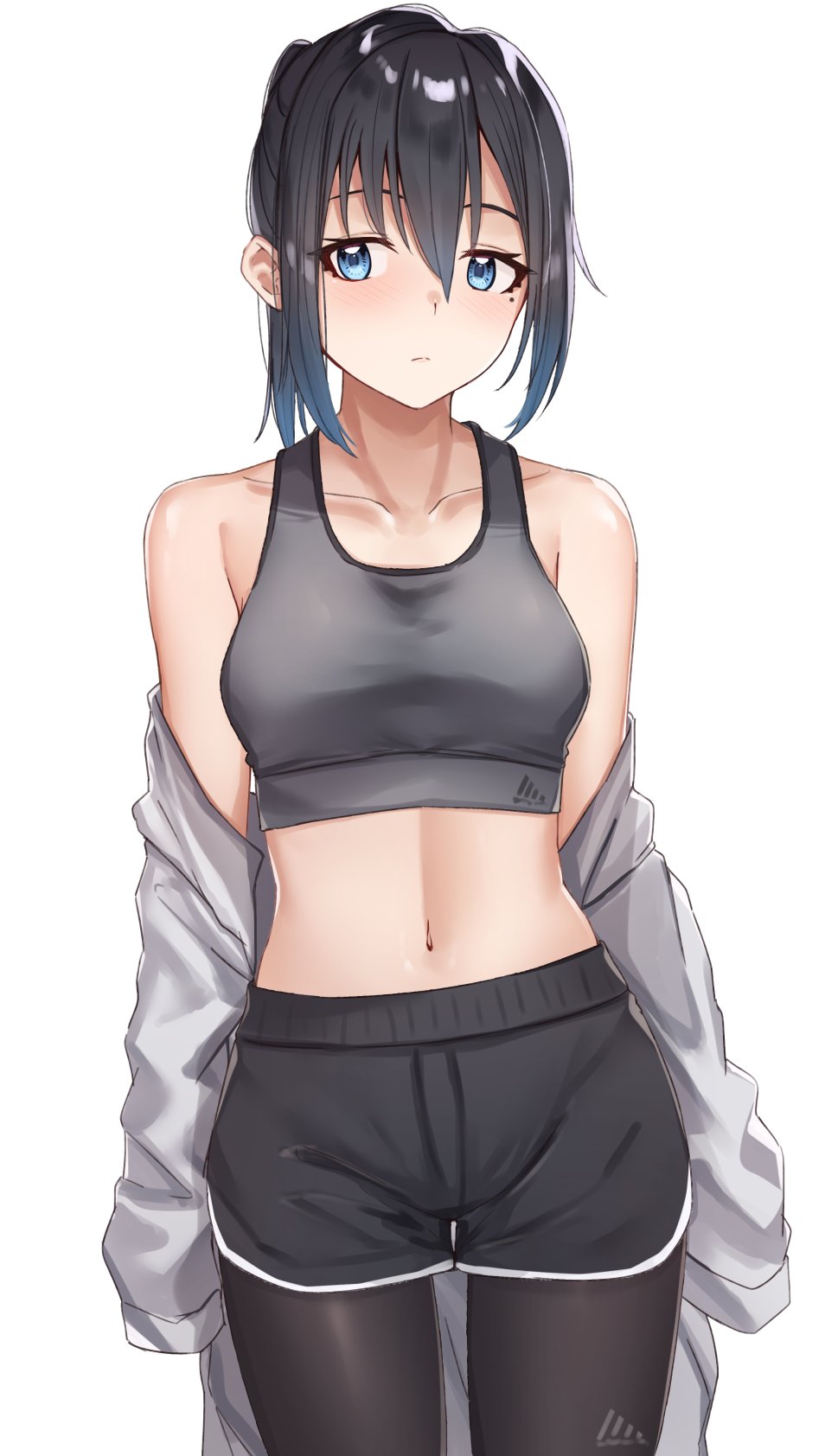 1girl black_hair black_shorts blue_eyes blush breasts hair_between_eyes highres legwear_under_shorts mole mole_under_eye navel original pantyhose partially_unbuttoned short_hair shorts small_breasts solo sports_bra tapioka_(oekakitapioka) white_background