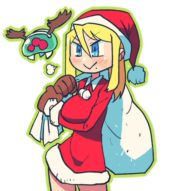 1girl blonde_hair blue_eyes blush brown_gloves christmas closed_mouth contrapposto dress fake_antlers gloves green_outline hairband hat holding medium_hair metroid metroid_(creature) mole mole_under_mouth pom_pom_(clothes) rariatto_(ganguri) red_dress red_headwear sack samus_aran santa_costume santa_hat short_dress simple_background smile solo standing white_background