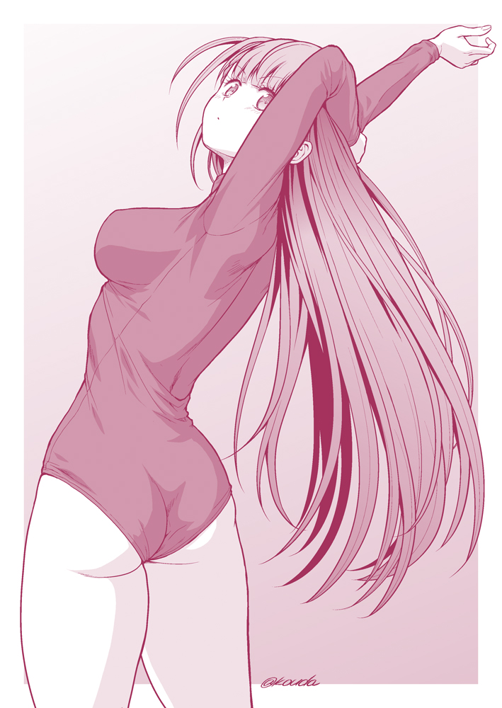 1girl arms_behind_head ass bokutachi_wa_benkyou_ga_dekinai border breasts kirisu_mafuyu kouda_tomohiro large_breasts leotard long_hair long_sleeves looking_at_viewer looking_back monochrome pink_background solo stretch twitter_username very_long_hair white_border