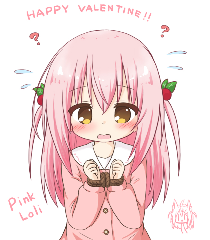 1girl ? bangs blush bound bound_wrists brown_eyes character_name eyebrows_visible_through_hair flying_sweatdrops hair_between_eyes hair_bobbles hair_ornament hands_up happy_valentine jacket long_hair long_sleeves looking_at_viewer open_mouth original pink_hair pink_jacket pink_loli_(rinechun) rinechun rinechun's_blonde_dog_girl sailor_collar simple_background solo two_side_up upper_body white_background white_sailor_collar