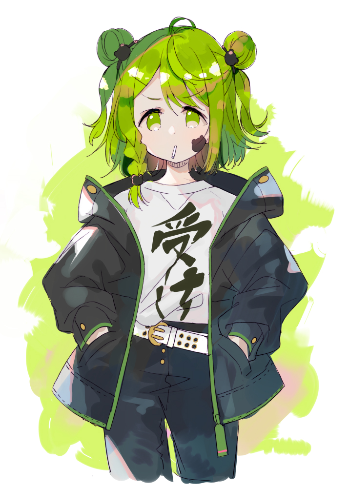 1girl ahoge bangs bear_hair_ornament belt belt_buckle black_jacket black_pants blush braid buckle candy closed_mouth clothes_writing cropped_legs double_bun eyebrows_visible_through_hair food food_in_mouth green_eyes green_hair hair_between_eyes hair_ornament hands_in_pockets jacket lollipop meito_(maze) morinaka_kazaki mouth_hold nijisanji open_clothes open_jacket pants shirt single_braid solo translated two_side_up v-shaped_eyebrows virtual_youtuber white_belt white_shirt