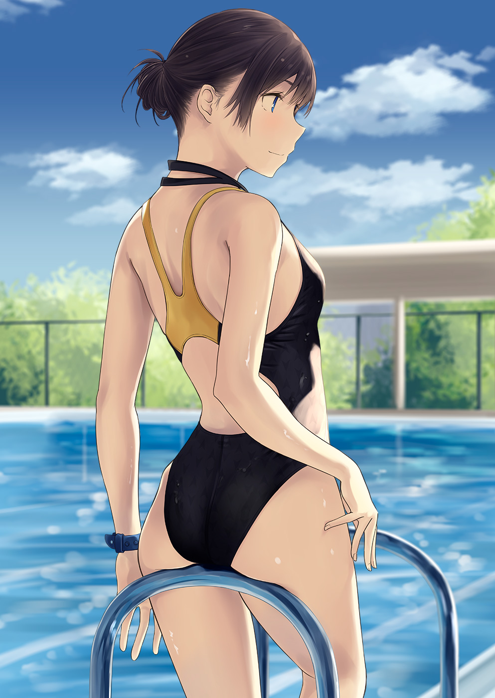 1girl ass back back_cutout backlighting bad_hands bangs black_hair black_swimsuit blue_eyes blue_sky blurry blush breasts chain-link_fence clouds competition_swimsuit day depth_of_field dripping fence from_behind hair_bun highres hiwatari_rin light_smile looking_to_the_side multicolored multicolored_clothes multicolored_swimsuit one-piece_swimsuit original outdoors pool pool_ladder poolside profile revision short_hair sidelocks sky small_breasts solo standing sunlight swimsuit tree watch watch water wet