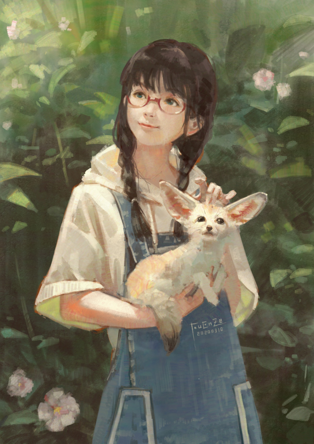 1girl animal bangs blue_eyes braid brown_hair closed_mouth commentary_request cowboy_shot dated drawstring fennec_fox fox glasses highres holding holding_animal hood hood_down lips original outdoors overall_skirt pet petting plant realistic red-framed_eyewear short_sleeves signature twin_braids white_hoodie xiaobanbei_milk