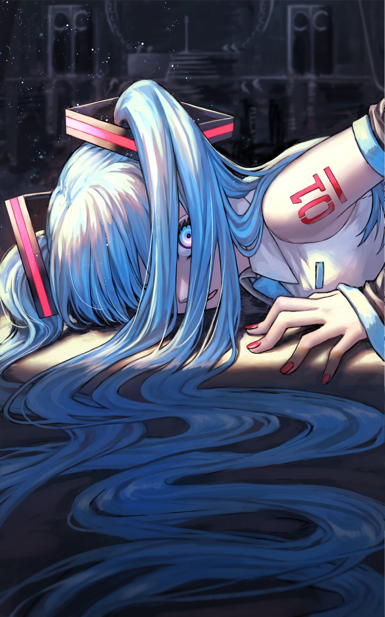 1girl bare_shoulders blue_eyes blue_hair blue_neckwear close-up collared_shirt curly_hair dark_background detached_sleeves expressionless eyelashes face fingernails hair_over_one_eye hand_rest hatsune_miku highres light light_particles long_hair looking_at_viewer lying necktie number_tattoo on_stomach parted_lips red_nails shaded_face shadow shiny shiny_hair shirt shoulder_tattoo sleeveless sleeveless_shirt solo spotlight take_hara_3 tattoo twintails upper_body very_long_hair vocaloid white_shirt wide-eyed