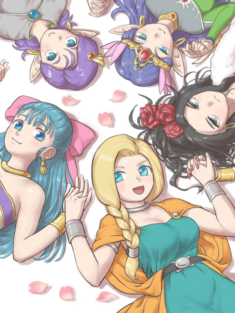 5girls :d arinsu_(kodamamaimai) bella_(dq5) bianca black_hair blonde_hair blue_eyes blue_hair blush bow bracelet breasts cape commentary_request deborah dragon_quest dragon_quest_v earrings flora flower grey_eyes hair_bow hair_flower hair_ornament holding_hands hoop_earrings jewelry long_hair looking_at_viewer lying medium_breasts multiple_girls nail_polish on_back open_mouth orange_cape petals pink_bow pointy_ears powan purple_hair red_flower red_nails red_rose rose smile