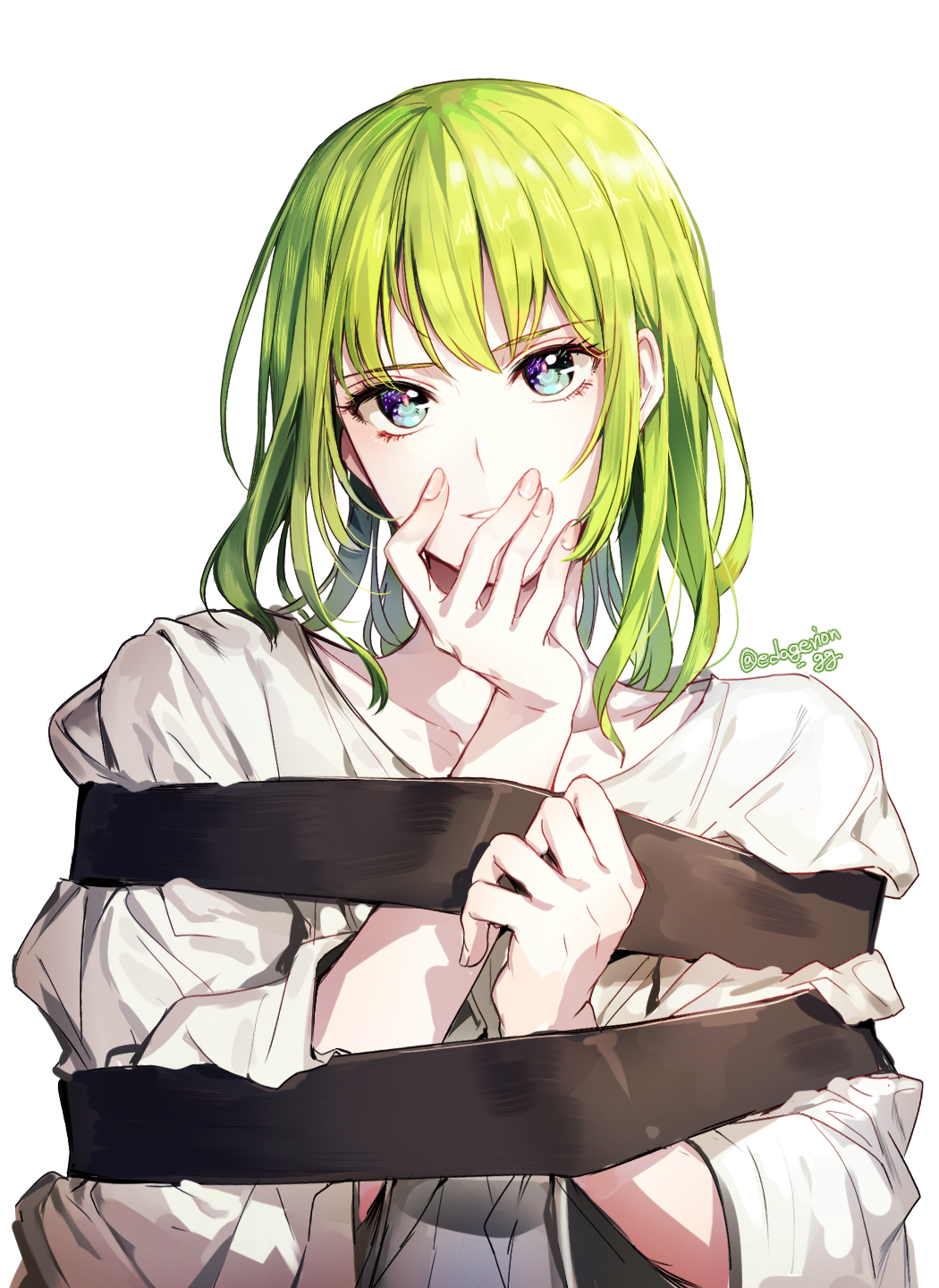 1boy androgynous aqua_eyes bangs covering_mouth ede enkidu_(fate/strange_fake) fate/grand_order fate_(series) green_hair hand_over_own_mouth highres long_sleeves looking_at_viewer male_focus multicolored multicolored_eyes parted_lips restrained robe simple_background smile solo upper_body violet_eyes white_background white_robe