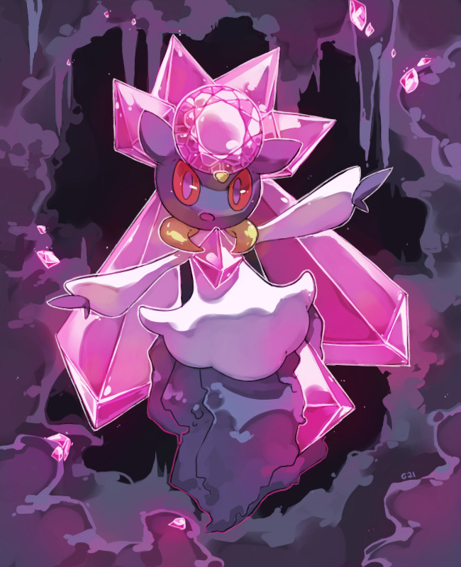 cave commentary creature diancie english_commentary full_body gen_8_pokemon looking_at_viewer no_humans open_arms pinkgermy pokemon pokemon_(creature) signature solo