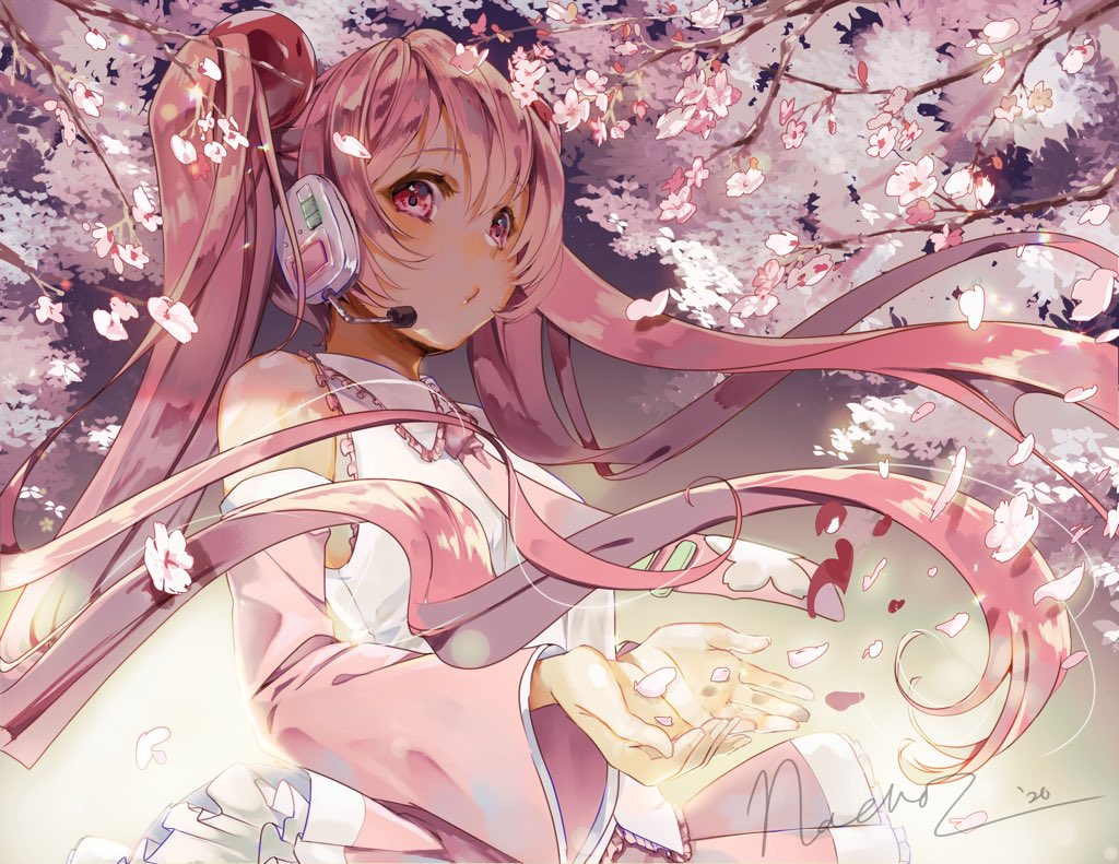 1girl bare_shoulders blurry bokeh breasts cherry_blossom_print cherry_blossoms collared_shirt cupping_hands dappled_sunlight depth_of_field detached_sleeves expressionless eyebrows_visible_through_hair eyelashes floating_hair floral_print flower frills glowing hair_between_eyes hatsune_miku headset light_particles long_hair looking_at_viewer nachozarts necktie petals pink_eyes pink_flower pink_hair pink_neckwear pink_skirt pink_theme pleated_skirt pout sakura_miku shaded_face shadow shiny shiny_hair shirt sidelocks signature skirt small_breasts solo sunlight tree tree_branch twintails upper_body very_long_hair vocaloid white_flower white_shirt wind wind_lift