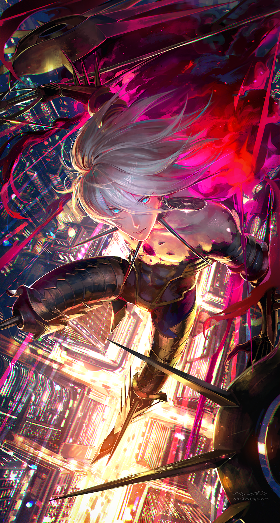1boy armor blue_eyes chest_jewel cityscape egawa_akira fate/apocrypha fate_(series) floating flying from_above highres karna_(fate) looking_at_viewer male_focus pale_skin solo white_hair