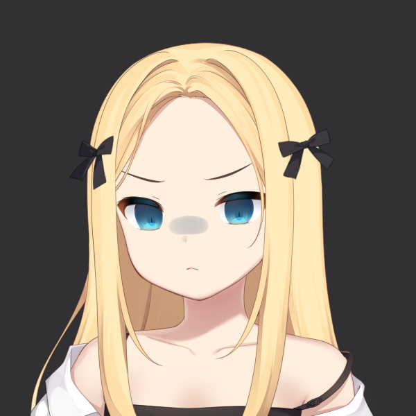 1girl abigail_williams_(fate/grand_order) angry artist_request bangs bare_shoulders black_background black_ribbon blonde_hair blue_eyes collarbone commentary_request face fate_(series) frown hair_ribbon long_hair looking_at_viewer parted_bangs ribbon simple_background sleeves_past_fingers sleeves_past_wrists solo