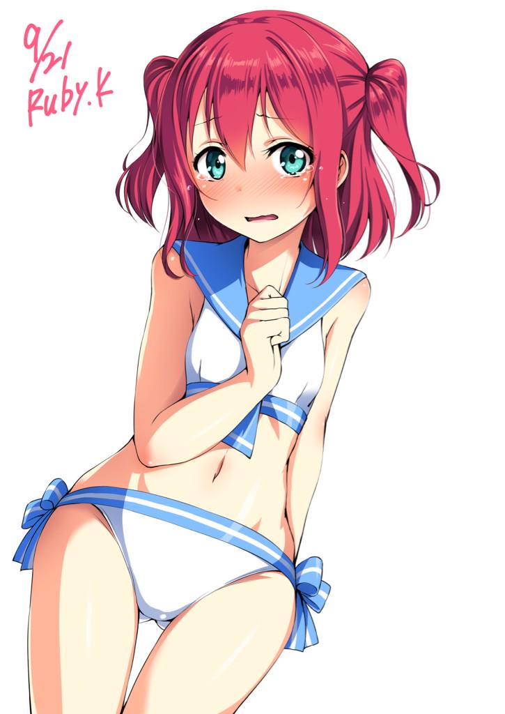 1girl arm_behind_back ass_visible_through_thighs bare_arms bikini blue_bow blue_sailor_collar blush bow cowboy_shot dated flat_chest green_eyes hand_up kurosawa_ruby looking_at_viewer love_live! love_live!_sunshine!! navel nose_blush open_mouth parted_lips redhead sailor_bikini sailor_collar satou_kuuki side-tie_bikini signature simple_background solo swimsuit tears thigh_gap twintails white_background white_bikini