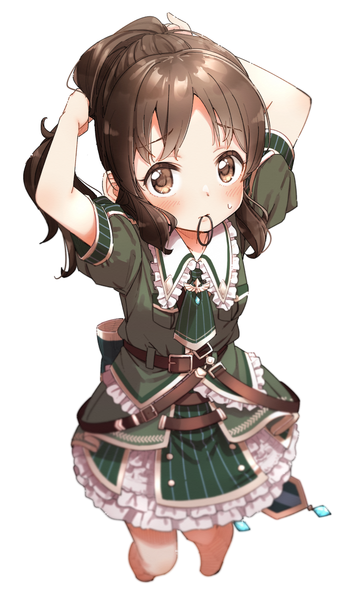 1girl arms_up bangs blush brown_eyes brown_hair closed_mouth cropped_legs green_jacket green_skirt hair_tie hair_tie_in_mouth highres idolmaster idolmaster_cinderella_girls jacket long_hair looking_at_viewer mouth_hold parted_bangs ponytail puffy_short_sleeves puffy_sleeves short_sleeves simple_background skirt solo striped sweat tachibana_arisu tying_hair vertical-striped_skirt vertical_stripes white_background yukie_(kusaka_shi)