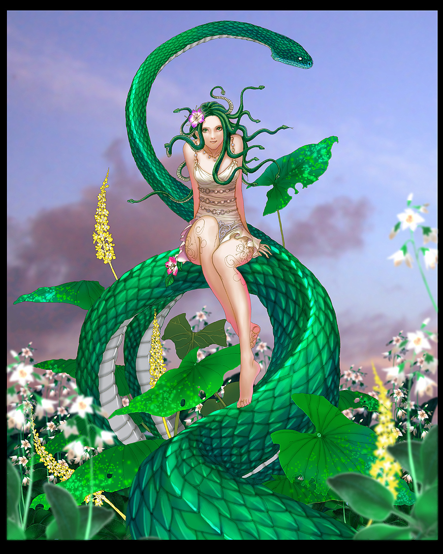 flower gorgon green_eyes living_hair medusa monster_girl scales snake wen-m