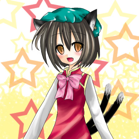 auauaua bad_id brown_hair cat_ears cat_tail chen earrings hat jewelry lowres multiple_tails orange_eyes solo star tail touhou