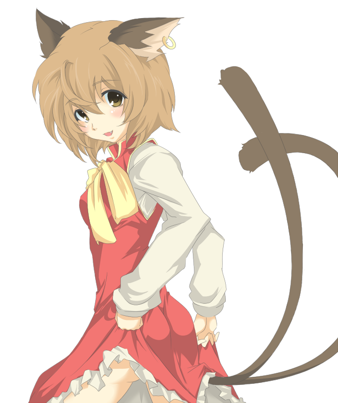 ass blush brown_eyes brown_hair cat_ears cat_tail chen earrings fang hayagiri jewelry multiple_tails short_hair skirt skirt_lift tail tails touhou