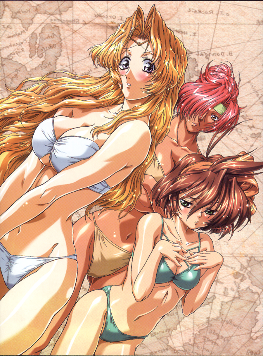 bikini blonde_hair blush bow breast_envy breast_suppress breasts brown_hair circlet cleavage crossed_arms dark_skin dutch_angle embarrassed green_eyes hair_bow hair_over_one_eye hairband headband highres jeannie large_breasts long_hair mahou_senshi_louie map melissa merrill midriff multiple_girls navel orange_eyes ponytail purple_eyes red_hair redhead rune_soldier short_hair swimsuit under_boob underboob violet_eyes white_bikini yokota_mamoru