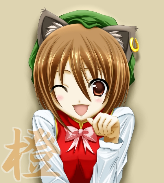 bad_id blush brown_hair cat_ears character_name chen earrings hat jewelry kaguyahime open_mouth paw_pose ribbon ribbons short_hair single_earring smile solo touhou wings wink