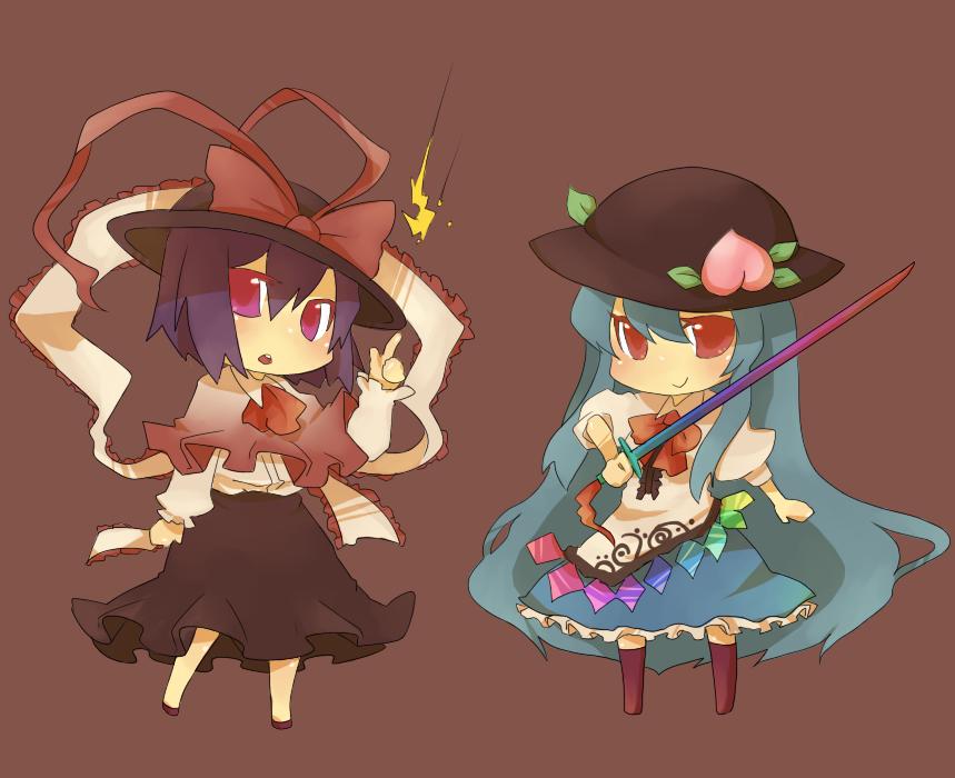 artist_request azuma_seiji blue_hair brown_background chibi food fruit hat hinanawi_tenshi lightning long_hair long_skirt multiple_girls nagae_iku peach peaches purple_hair ribbon ribbons short_hair skirt smile sword sword_of_hisou touhou weapon