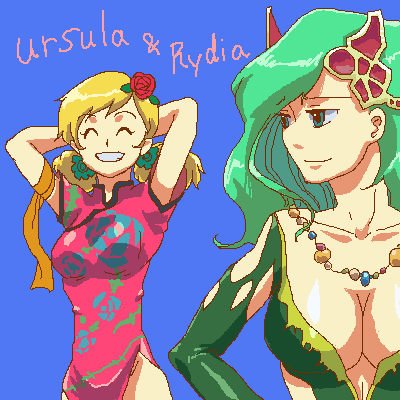 breasts character_name china_dress chinadress chinese_clothes cleavage closed_eyes final_fantasy final_fantasy_iv final_fantasy_iv_the_after flower green_eyes green_hair large_breasts lowres oekaki red_rose rose rydia ursula_leiden