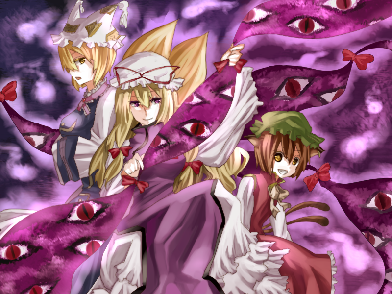 bad_id blonde_hair brown_hair cat_ears cat_tail chen china_dress chinadress chinese_clothes earrings eyes fox_ears fox_tail gap hat jewelry kame long_hair ribbon short_hair tail touhou yakumo_ran yakumo_yukari