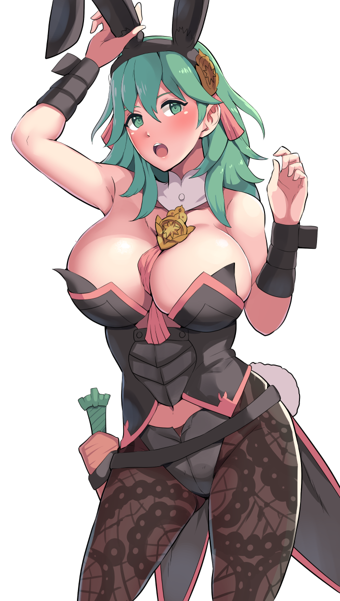 1girl animal_ears arm_up boris_(noborhys) breasts bunny_tail byleth_(fire_emblem) byleth_eisner_(female) fake_animal_ears fake_tail fire_emblem fire_emblem:_three_houses green_eyes green_hair highres large_breasts navel_cutout open_mouth pantyhose rabbit_ears simple_background solo tail white_background