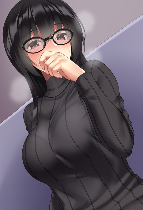1girl bangs black_hair black_sweater blush breasts commentary_request covering_mouth dutch_angle eyebrows_visible_through_hair glasses heavy_breathing huyumitsu large_breasts long_hair long_sleeves looking_at_viewer original red_eyes solo sweat sweater upper_body