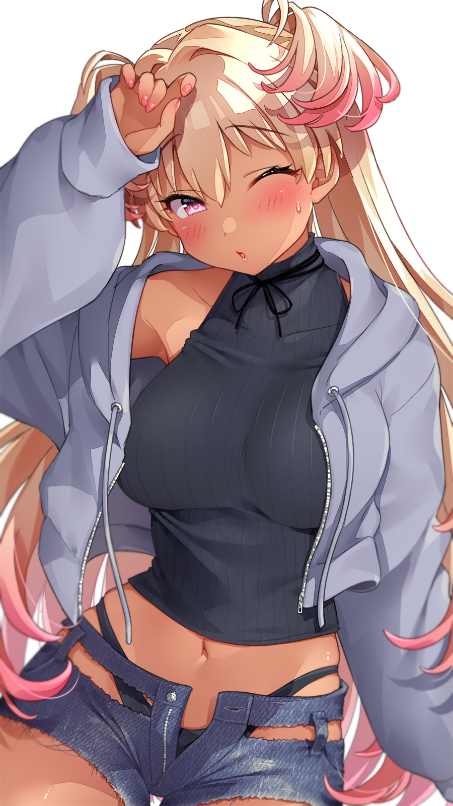 1girl arm_up bare_shoulders black_panties black_sweater blonde_hair blurry breasts collarbone commentary_request cowboy_shot crop_top cutoffs dark_skin drawstring gradient_hair grey_jacket highleg highres jacket large_breasts long_hair long_sleeves looking_at_viewer midriff mio_(mgr300) multicolored_hair nail_polish navel one_eye_closed open_clothes open_fly open_jacket original panties parted_lips pink_eyes ribbed_sweater short_shorts shorts skindentation sleeveless sleeveless_sweater sleeveless_turtleneck solo sweat sweater torn_clothes torn_shorts turtleneck two_side_up underwear