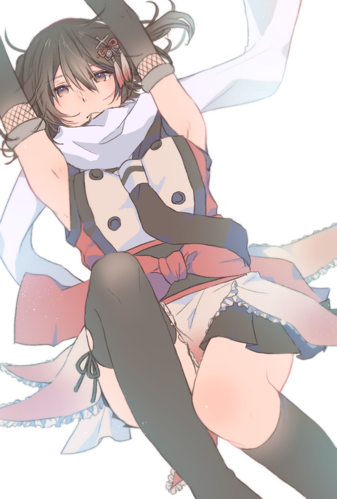 1girl armpits arms_up black_legwear brown_eyes brown_hair hair_between_eyes kantai_collection kneehighs mismatched_legwear rinto_(rint_rnt) scarf sendai_(kantai_collection) short_hair single_kneehigh single_thighhigh skirt skirt_lift solo thigh-highs thighs two_side_up white_background white_scarf