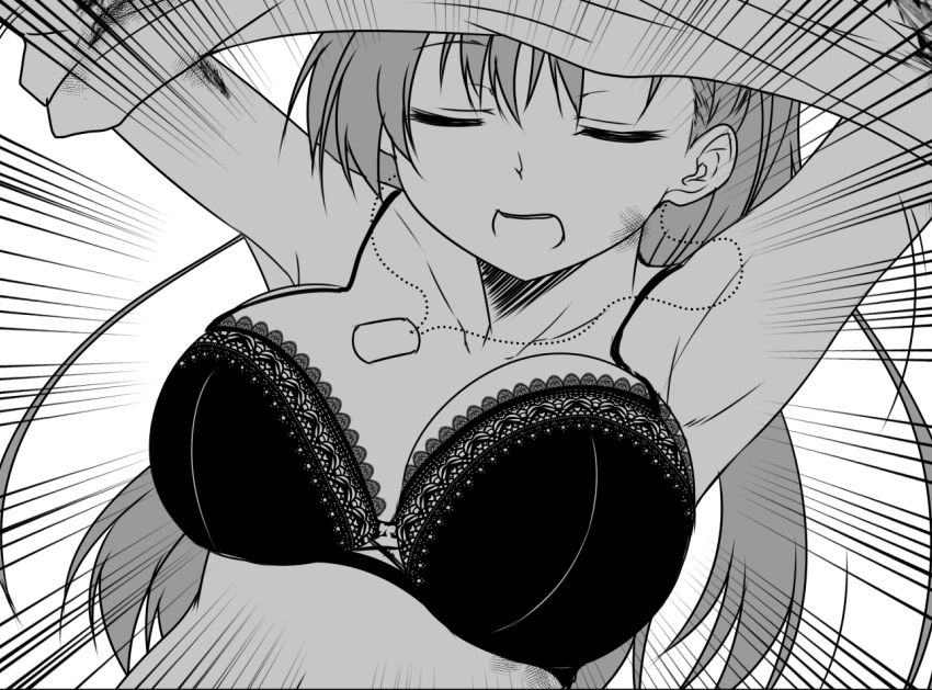 1girl armpits arms_up bra breasts closed_eyes collarbone commentary_request dog_tags emphasis_lines eyebrows_visible_through_hair facing_viewer frilled_bra frills greyscale hair_between_eyes kantai_collection long_hair medium_breasts monochrome open_mouth solo suzuya_(kantai_collection) underwear undressing upper_body yua_(checkmate)