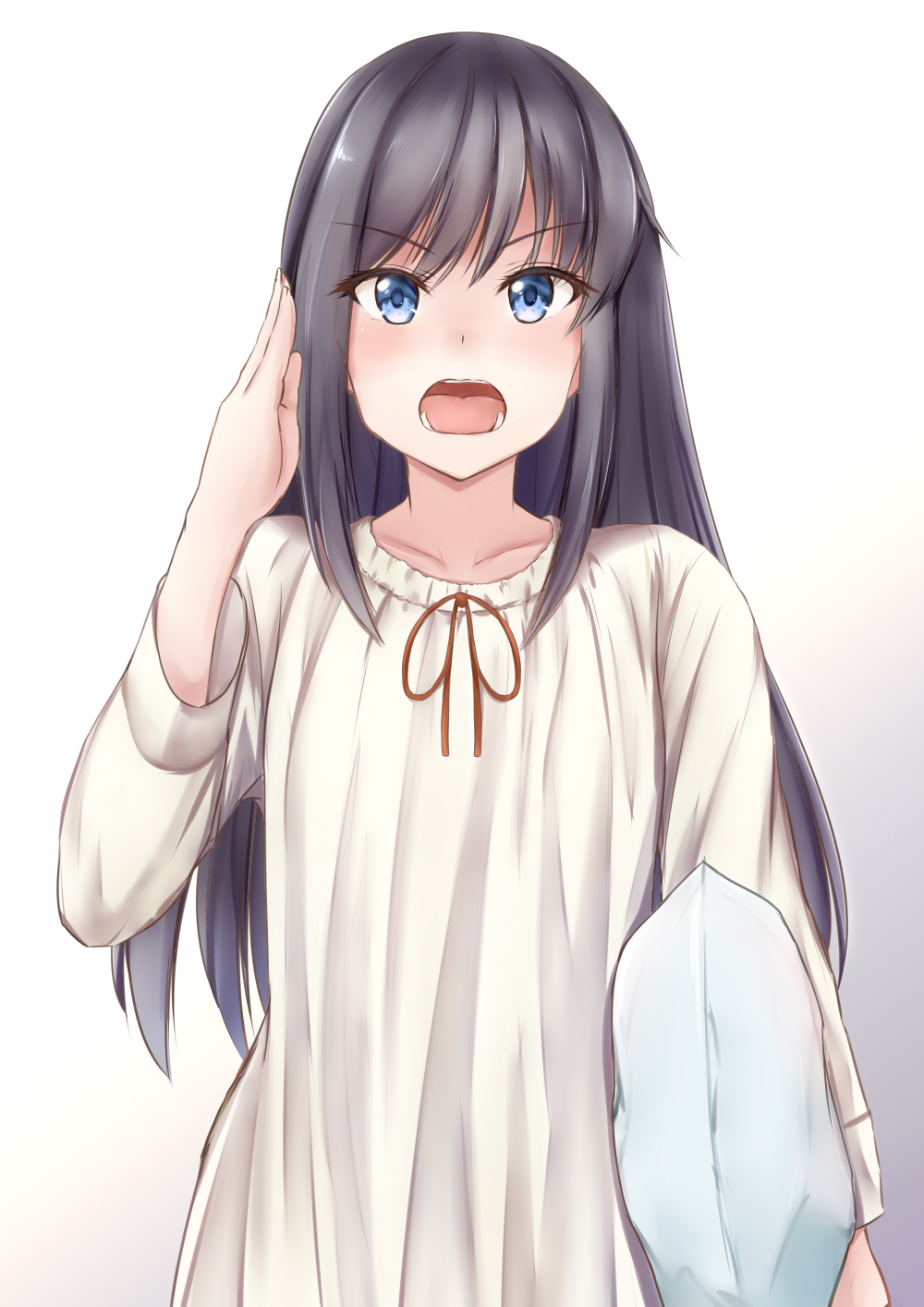 1girl alternate_costume arm_at_side asashio_(kantai_collection) bangs black_hair blue_eyes blush collarbone commentary_request cowboy_shot eyebrows_visible_through_hair gradient gradient_background hand_up highres holding holding_pillow kantai_collection koru_pera long_hair long_sleeves nightgown open_mouth pillow red_ribbon ribbon salute sidelocks solo straight_hair v-shaped_eyebrows white_background