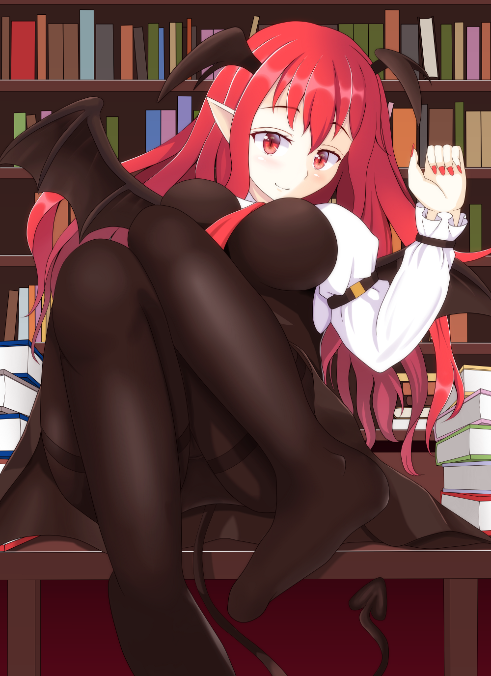 1girl arm_up armband bat_wings between_breasts black_dress blush book book_stack bookshelf breasts commentary_request demon_tail dress full_body head_wings highres juliet_sleeves koakuma large_breasts long_hair long_sleeves looking_at_viewer miso_inpakuto nail_polish necktie necktie_between_breasts no_shoes pantyhose pointy_ears puffy_sleeves red_eyes red_neckwear redhead sidelocks sitting sitting_on_table slit_pupils smile solo table tail thighband_pantyhose touhou wings