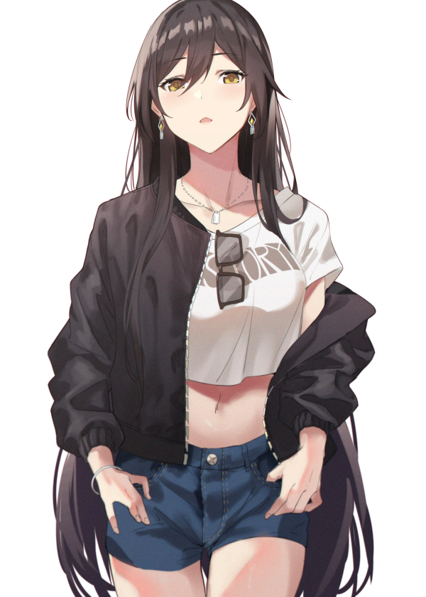 1girl bangle black_hair bracelet collarbone crop_top crop_top_overhang denim denim_shorts dog_tags earrings eyewear_hang eyewear_removed idolmaster idolmaster_shiny_colors jacket jewelry long_hair midriff navel necktie open_clothes open_jacket open_mouth shirase_sakuya shorts simple_background sola_(solo0730) solo sunglasses white_background yellow_eyes