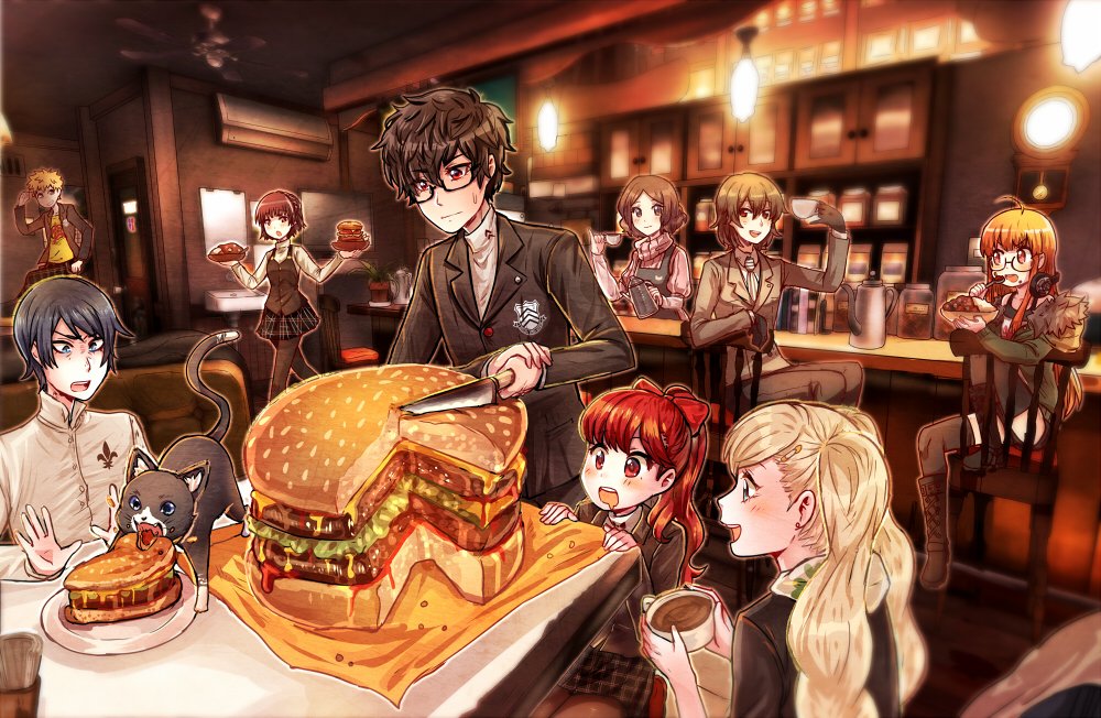 4boys 5girls ahoge akechi_gorou amamiya_ren animal apron black_apron black_cat black_gloves black_hair blonde_hair blue_eyes blue_hair blush bow brown_eyes brown_hair cat closed_mouth commentary cup eating eyebrows_visible_through_hair food food_on_face glasses gloves hair_between_eyes hair_bow hair_ornament hairclip hamburger holding holding_cup holding_knife jacket kataro kitagawa_yuusuke knife long_hair looking_at_another looking_at_viewer medium_hair miniskirt morgana_(persona_5) multiple_boys multiple_girls necktie niijima_makoto okumura_haru open_mouth orange_eyes orange_hair persona persona_5 persona_5_the_royal pink_sweater ponytail red_bow red_eyes redhead sakamoto_ryuuji sakura_futaba shirt short_hair shuujin_academy_uniform sitting skirt smile sweater takamaki_anne teacup twintails yellow_shirt yoshizawa_kasumi