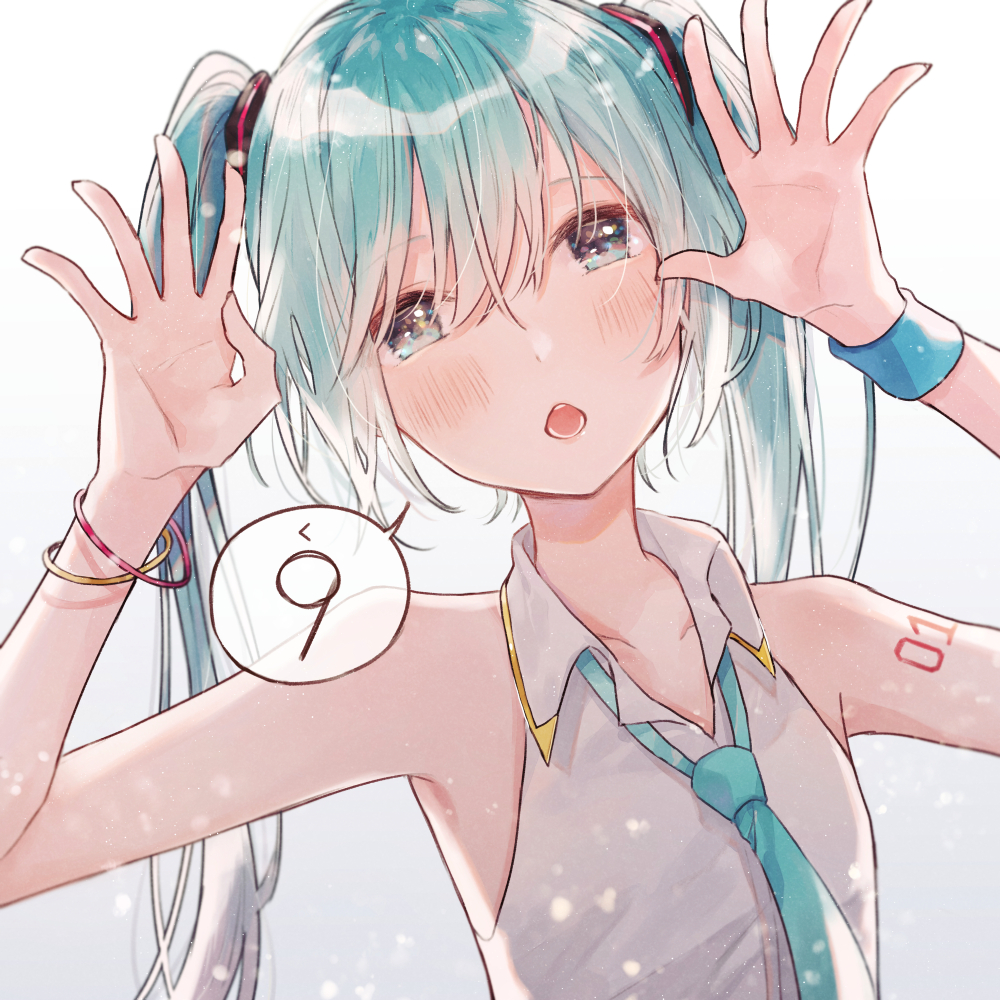 1girl 9 aqua_eyes aqua_hair aqua_neckwear bare_shoulders bracelet commentary hair_ornament hands_up hatsune_miku jewelry light_blush light_particles long_hair looking_at_viewer necktie necojishi number open_mouth outstretched_hand shirt shoulder_tattoo sleeveless sleeveless_shirt solo speech_bubble tattoo twintails upper_body very_long_hair vocaloid white_shirt