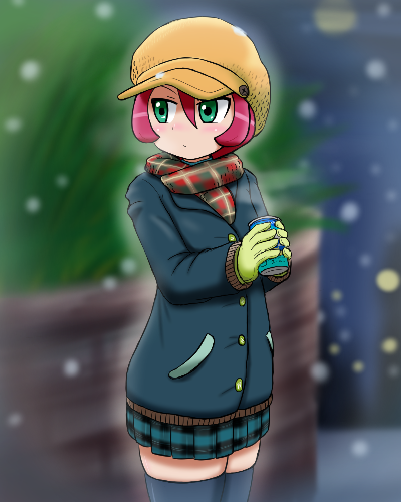 1girl blush cabbie_hat closed_mouth gloves green_eyes hat langley_(pokemon) mori_hayaki pink_hair pokemon pokemon_(anime) pokemon_bw_(anime) short_hair skirt solo thigh-highs winter_clothes