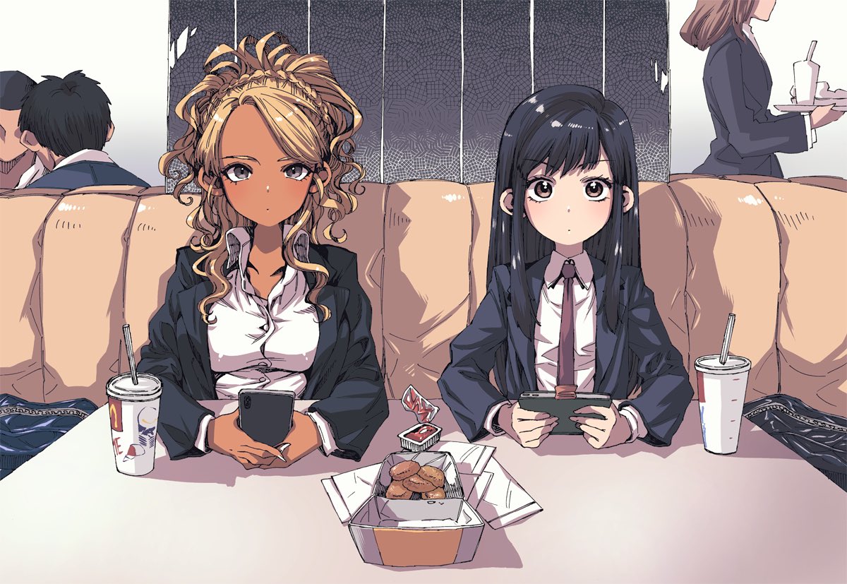 2boys 3girls :x bag bangs black_eyes black_hair black_jacket blazer blonde_hair book braid breasts brown_eyes button_gap cellphone chicken_nuggets commentary_request couch cup dark_skin disposable_cup dress_shirt drinking_straw faceless faceless_male fast_food food_court_de_mata_ashita formal gyaru holding holding_book holding_phone jacket ketchup large_breasts long_sleeves looking_at_viewer multiple_boys multiple_girls nail_polish nariie_shin'ichirou necktie phone pov_across_table restaurant school_uniform shirt sitting smartphone straight_hair swept_bangs table tied_hair wada_(food_court) wavy_hair white_nails white_shirt yamamoto_(food_court)