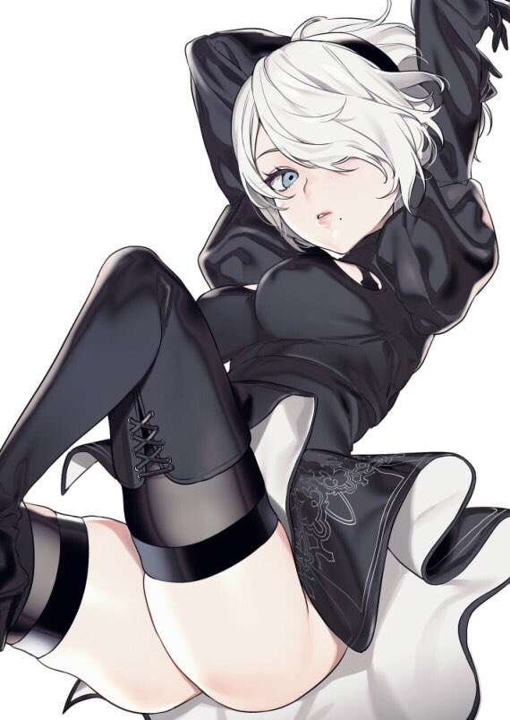 1girl amanekuu arms_up black_gloves black_hairband black_legwear blue_eyes boots covered_nipples feather-trimmed_sleeves feather_trim gloves hair_over_one_eye hairband knee_boots mole mole_under_mouth nier_(series) nier_automata parted_lips puffy_sleeves simple_background solo thigh-highs white_background white_hair yorha_no._2_type_b