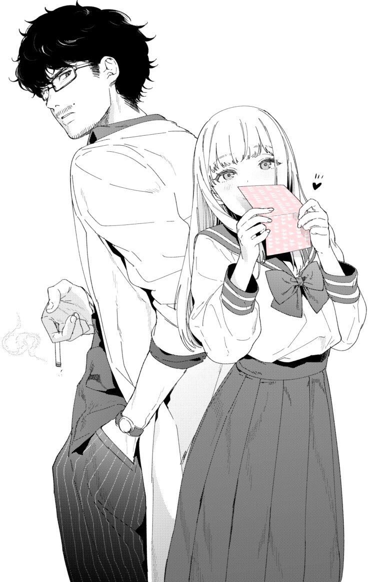 1boy 1girl age_difference amanekuu bangs blunt_bangs blush cigarette closed_mouth eyebrows_visible_through_hair facial_hair fingernails glasses greyscale hand_in_pocket hatching_(texture) heart holding light_blush long_hair long_skirt looking_back mole monochrome original parted_lips school_uniform skirt sleeves_rolled_up smile smoke spot_color standing uniform watch