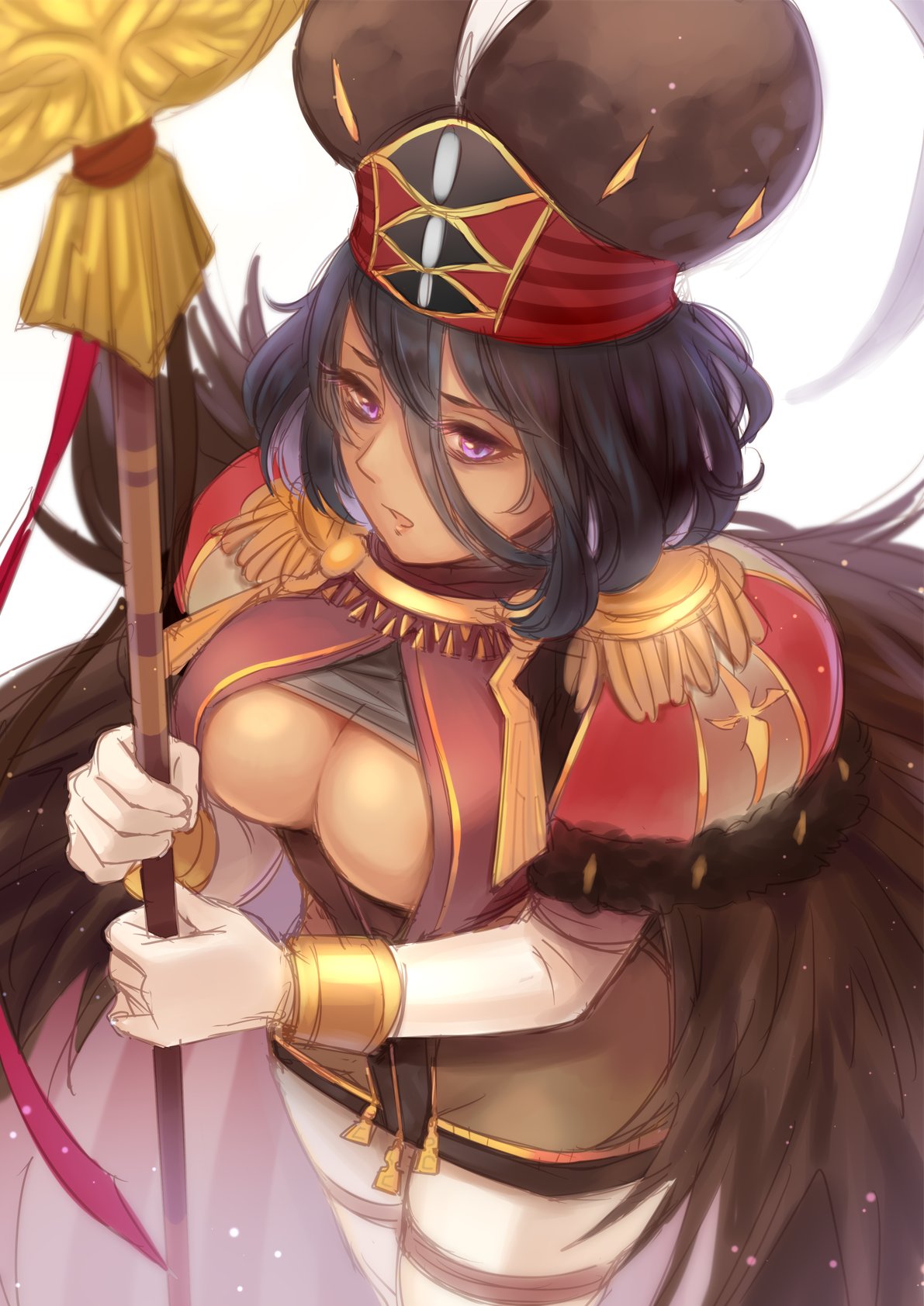 black_hair breasts darius eiyuu_senki eiyuu_senki_ww gloves hat highres large_breasts scepter thigh-highs under_boob violet_eyes