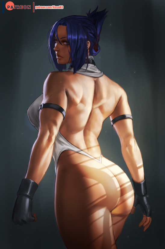1girl arm_strap ass back backless_leotard black_gloves blair_dame blue_hair breasts choker commentary dappled_sunlight english_commentary fingerless_gloves folded_ponytail from_behind gloves large_breasts leotard looking_back muscle muscular_female photo-referenced realistic rejean_dubois solo street_fighter street_fighter_ex_(series) sunlight thong_leotard white_leotard