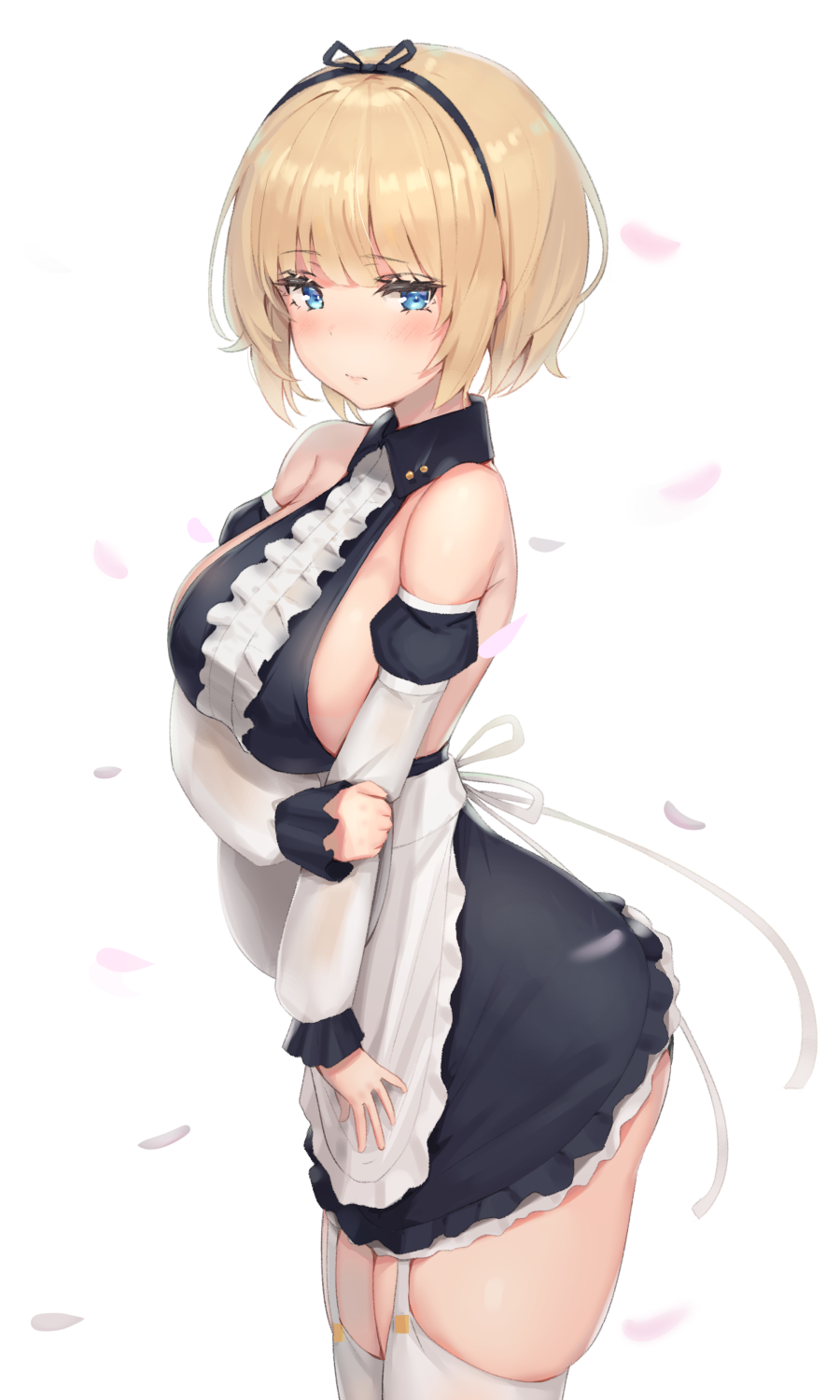 1girl apron bangs bare_shoulders black_bow black_dress blonde_hair blue_eyes bow breasts center_frills closed_mouth collared_shirt detached_sleeves dress english_commentary eyebrows_visible_through_hair from_side garter_straps hair_bow hairband highres large_breasts looking_at_viewer maid original reinama shirt short_hair sideboob sidelocks simple_background solo standing thigh-highs waist_apron white_apron white_background white_legwear