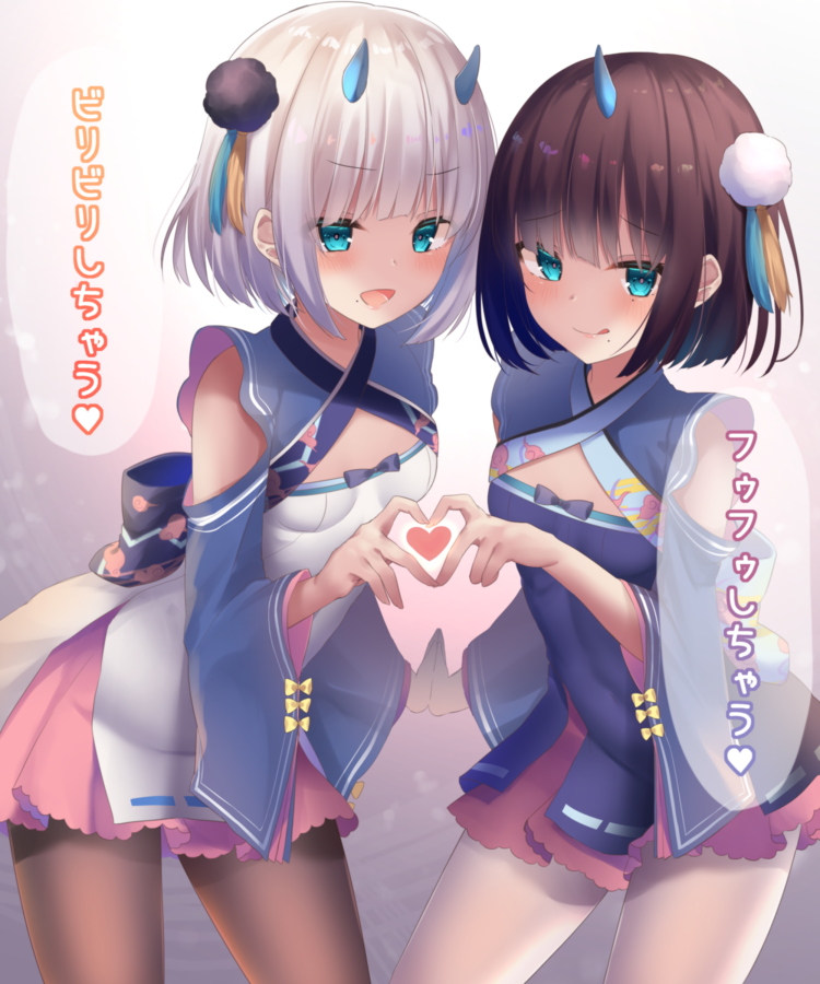 2girls :d :q bangs black_bow blue_dress blue_eyes blue_sleeves bow brown_hair brown_legwear character_request closed_mouth commentary_request detached_sleeves dress eyebrows_visible_through_hair hair_ornament heart heart_hands heart_hands_duo horn horns long_sleeves looking_at_viewer mole mole_under_mouth monster_strike multiple_girls open_mouth pantyhose short_hair silver_hair sleeveless sleeveless_dress smile tongue tongue_out translation_request usagimiko white_dress white_legwear wide_sleeves