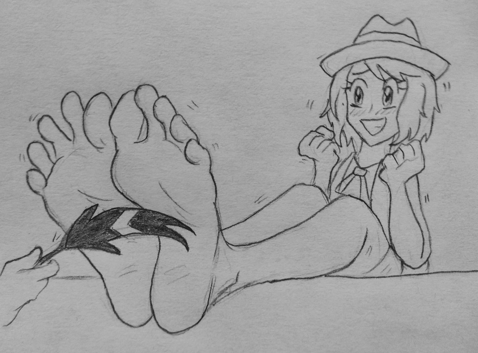 barefoot drawing feather feet_up foreshortening laughing nervous nintendo pokemon_(anime) pokemon_(game) pokemon_xy serena_(pokemon) smile tickling traditional_media