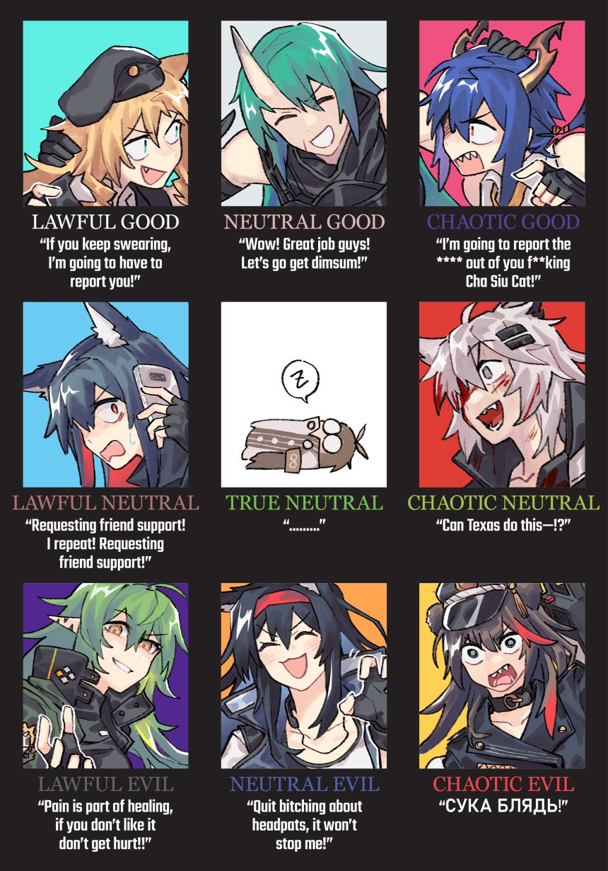 6+girls alignment_chart angry animal_ears arknights bear_ears beret blaze_(arknights) blood blood_on_face cat_ears censored_text ch'en_(arknights) choker closed_eyes cyrillic dragon_horns english_text gavial_(arknights) hat highres horns hoshiguma_(arknights) jacket lappland_(arknights) leather leather_jacket multiple_girls oni_horns owl_ears peaked_cap pointy_ears profanity russian_text silence_(arknights) swire_(arknights) texas_(arknights) vento wolf_ears zima_(arknights)